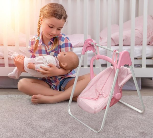 Kids Doll Swing with Adjustable Handle and Removable Carry Cot for Children Ages 