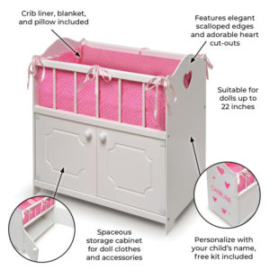 White Storage Doll Crib with Bedding 