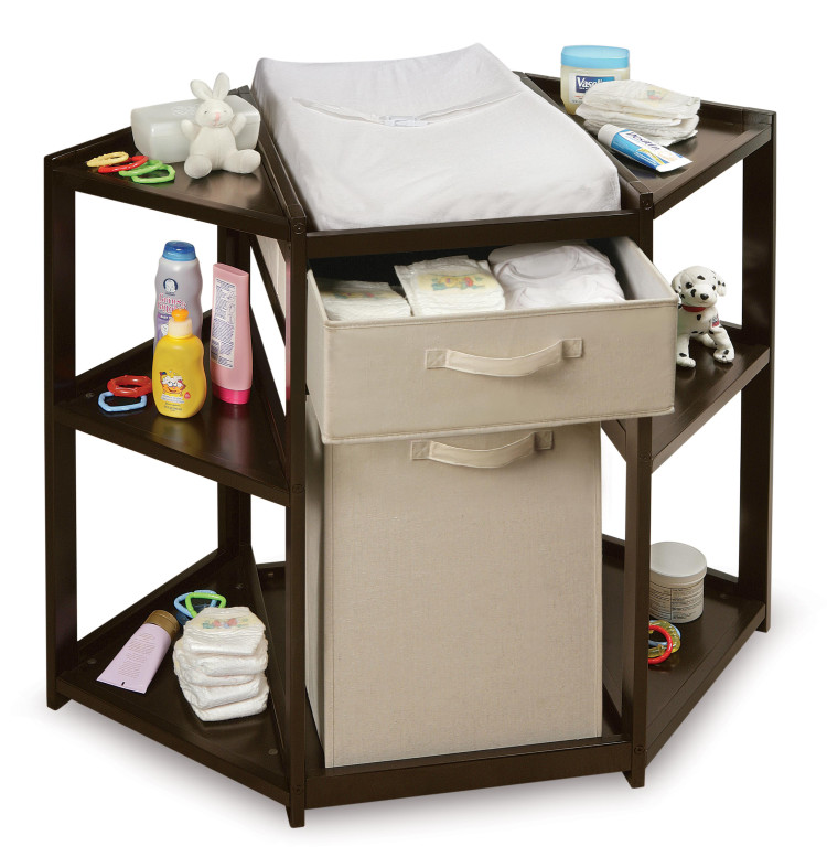 Espresso Infant Baby Changing Table w/3 Basket Hamper Diaper Storage Nursery New 