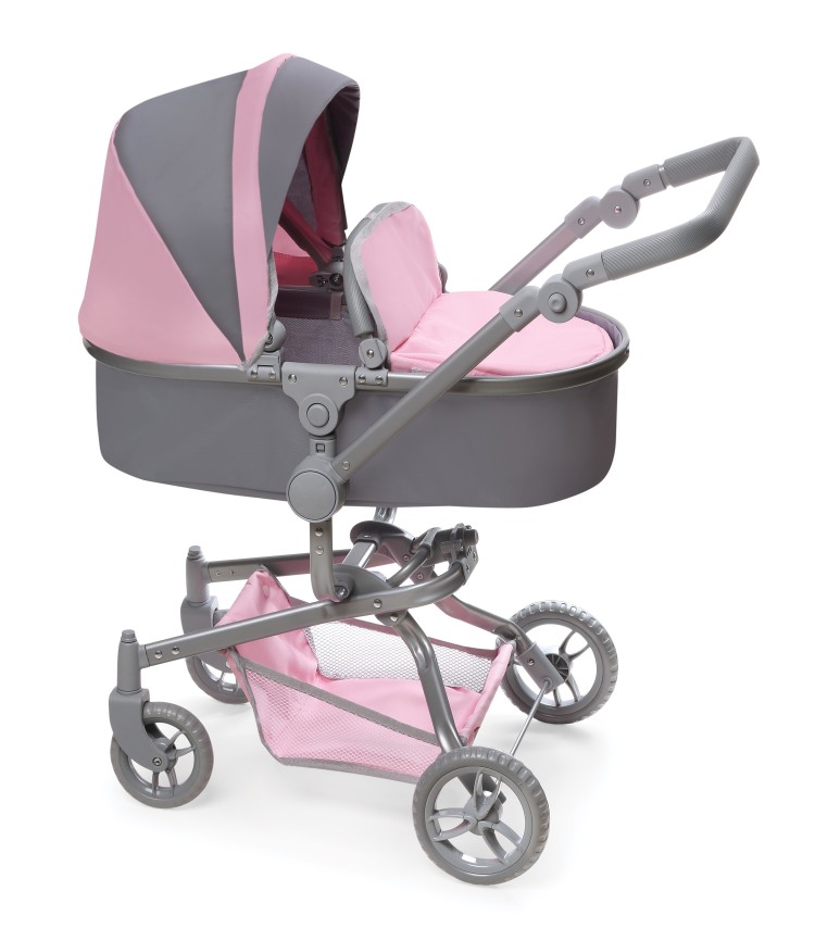 Dolls Pram Pink Dots Carrycot And Pushchair 3 in 1 Adjustable Handle NEW 