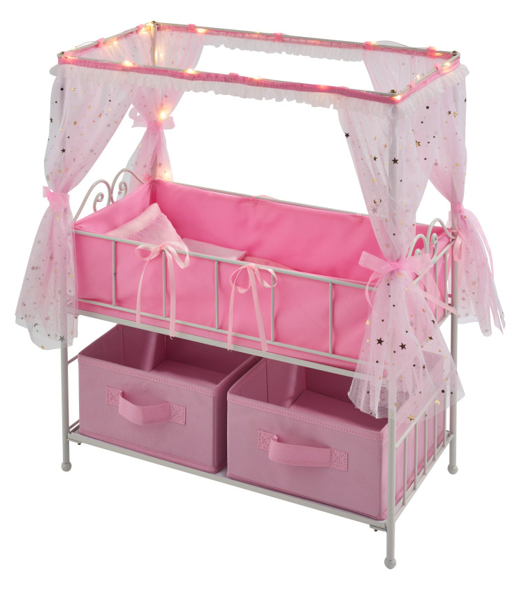Starlights Metal Doll Crib with Canopy, Bedding, Storage and LED
