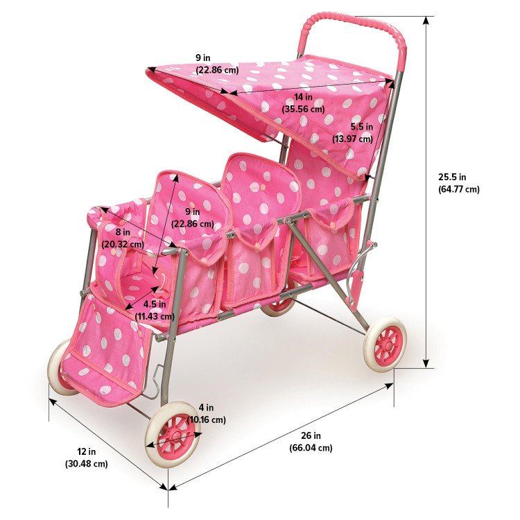 Folding Triple Doll Stroller Pink Polka Dots Badger Basket