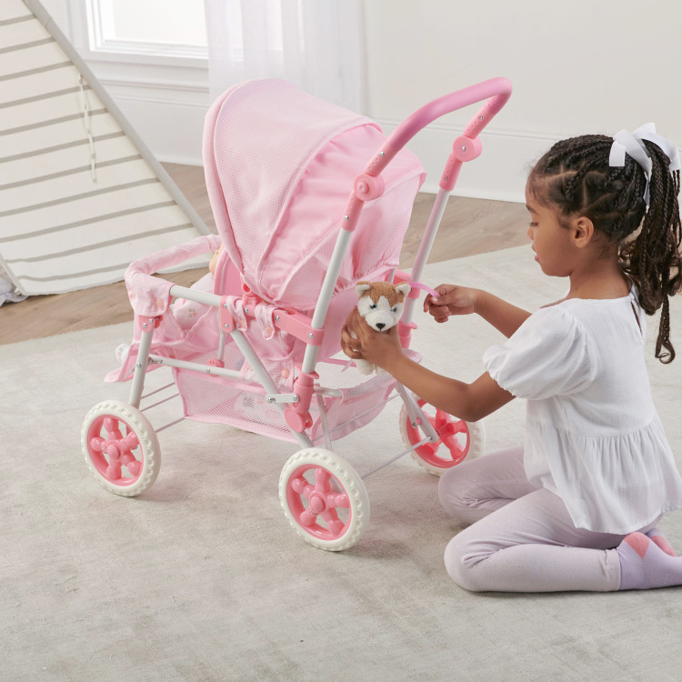 Folding Double Front to Back Doll Stroller Pink Gingham Badger Basket