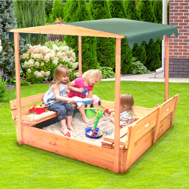 サンドボックス　6台 Covered Convertible Cedar Sandbox with Canopy and Two Bench