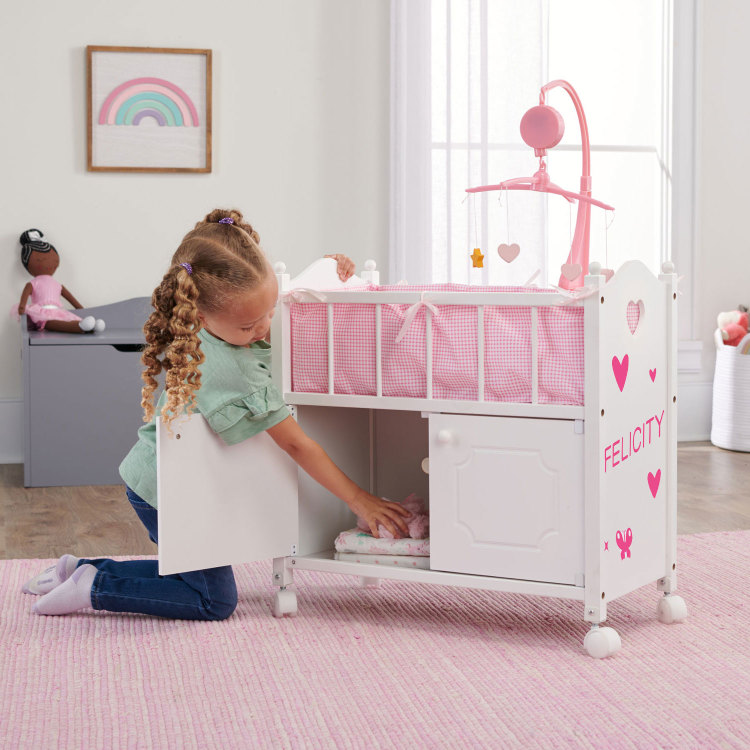 Cabinet Doll Crib with Gingham Bedding and Free Personalization
