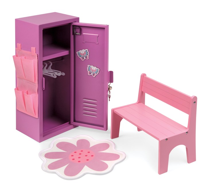 School Style Single Doll Locker Set with Bench, Rug and