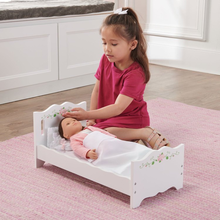 Doll Bed with Bedding and Free Personalization Kit White Rose