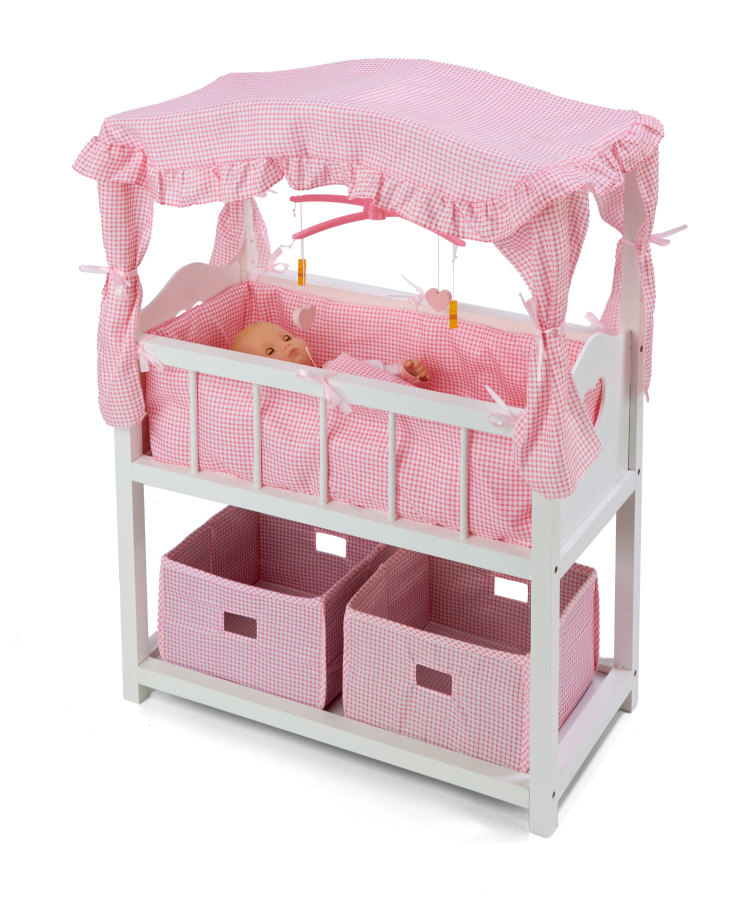 Canopy Doll Crib with Baskets, Bedding, and Mobile White/Pink