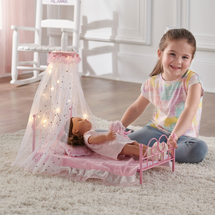 Starlights LED Canopy Metal Doll Bed with Bedding Pink Badger