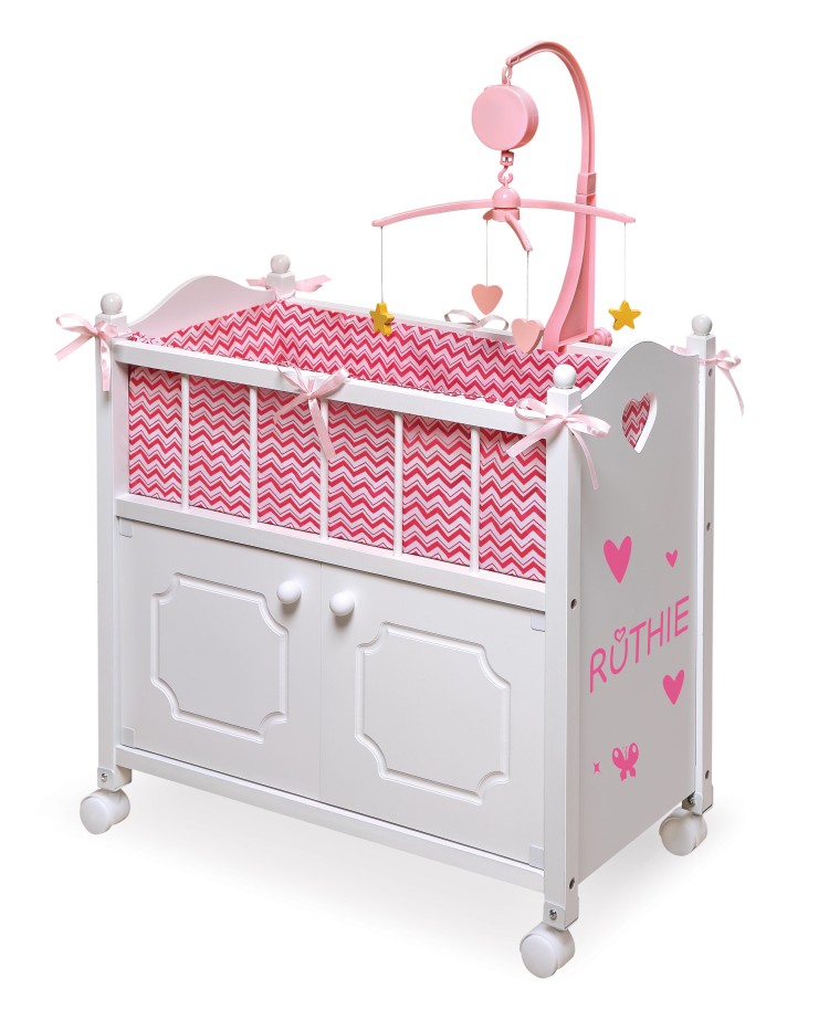Cabinet Doll Crib with Chevron Bedding and Free Personalization