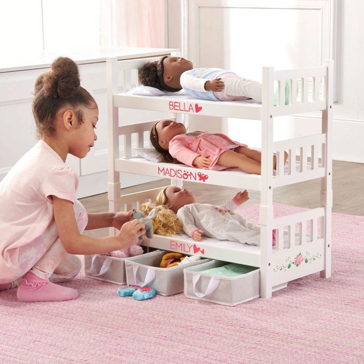 1-2-3 Convertible Doll Bunk Bed with Bedding, Baskets and Free