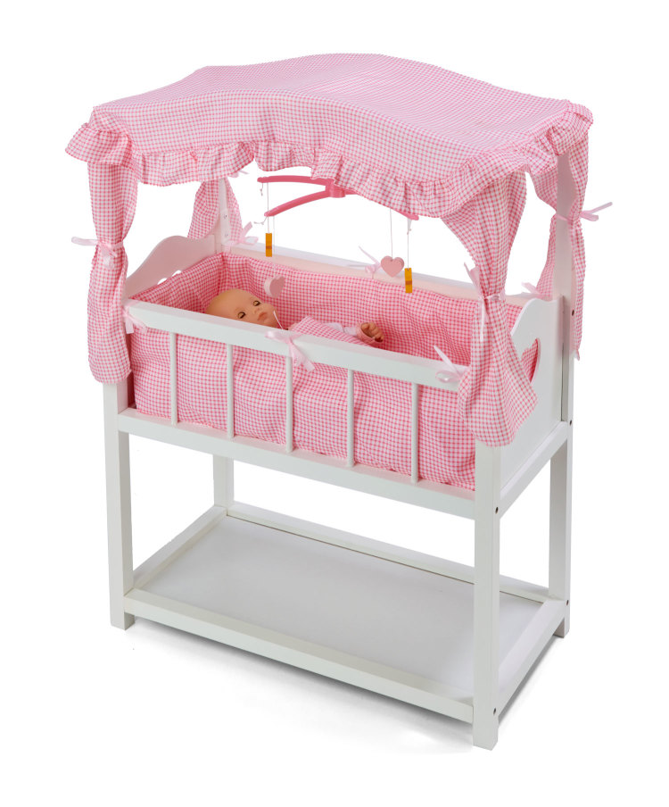 Canopy Doll Crib with Baskets, Bedding, and Mobile White/Pink