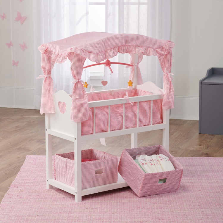 Canopy Doll Crib with Baskets, Bedding, and Mobile White/Pink