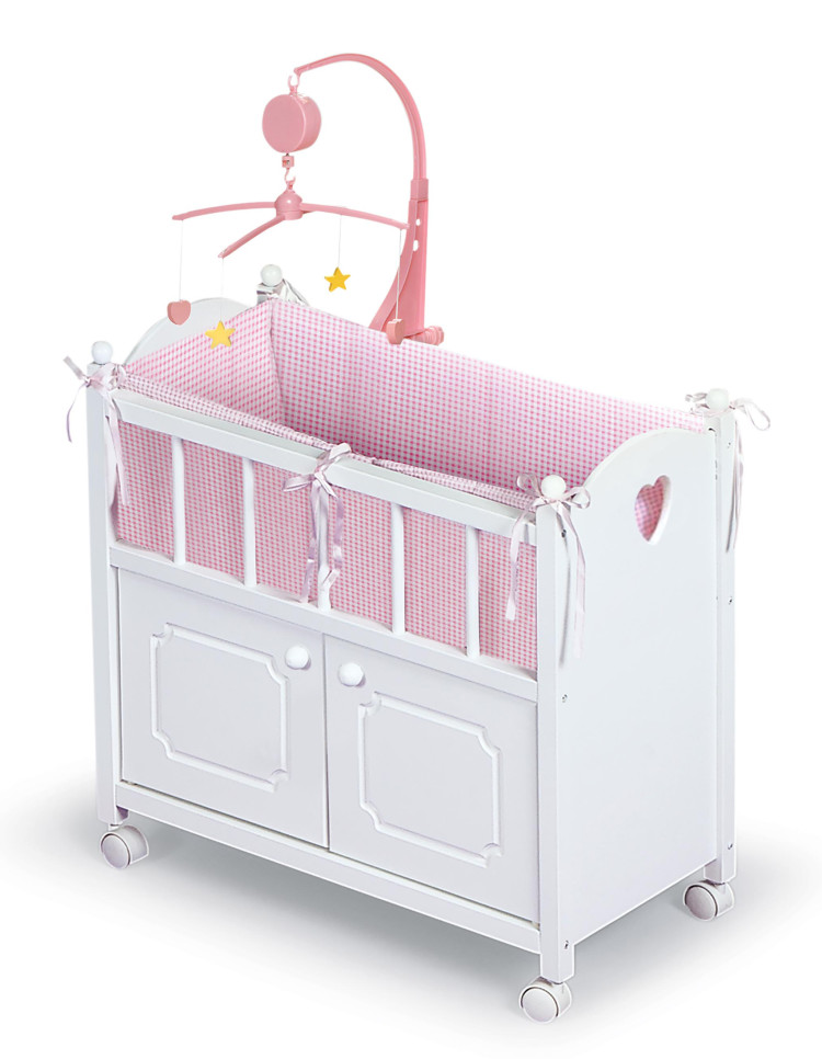 Cabinet Doll Crib with Gingham Bedding and Free Personalization
