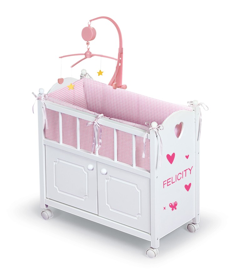 Cabinet Doll Crib with Gingham Bedding and Free Personalization