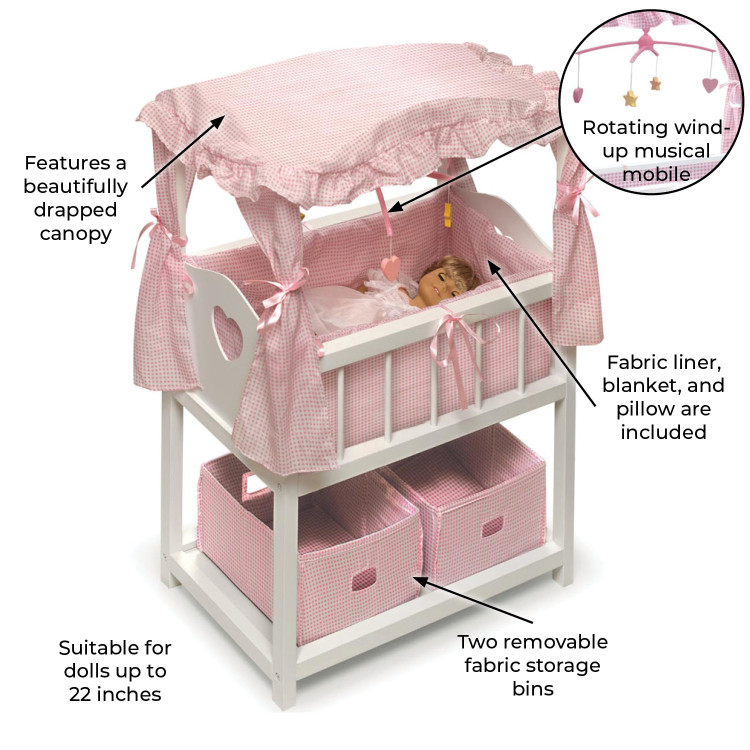 Canopy Doll Crib with Baskets, Bedding, and Mobile White/Pink