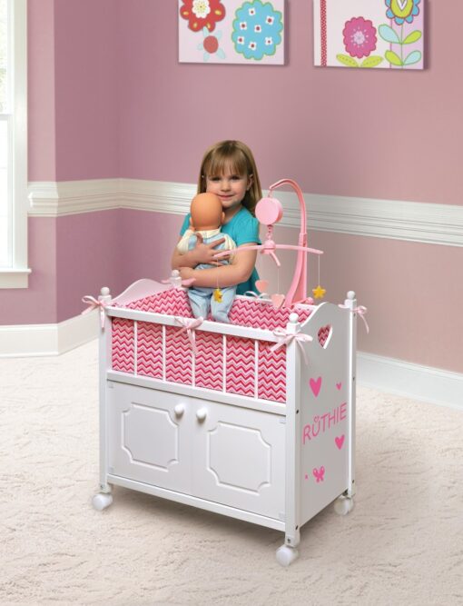 Cabinet Doll Crib with Chevron Bedding and Free Personalization