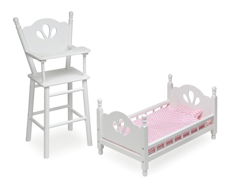 English Country Doll High Chair and Bed Set with Chevron Bedding